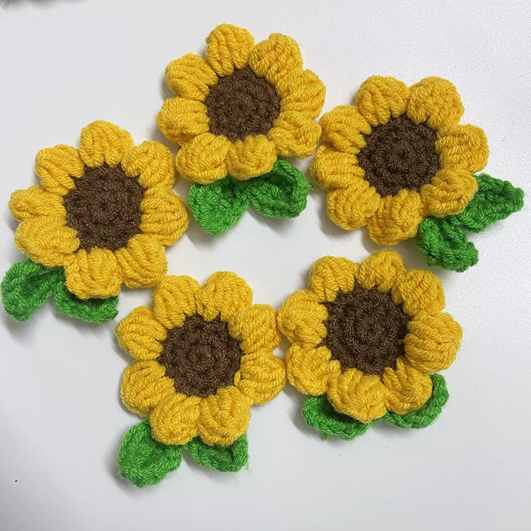 Hand-knitted Hair Flower Crochet Flower For DIY Kids Girl Hair Clip Headwear Crafts Patches Sunflower With Knitted Leaves