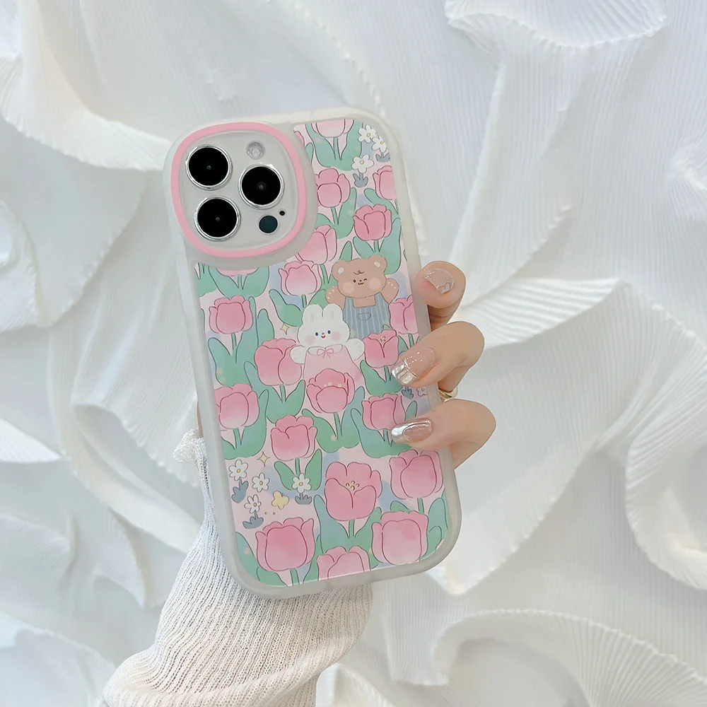 pink flower bear rabbit back cover for iphone 14 max 13 pro max  12 11 Pro Max mini XR X XS 7 8 plus cute phone case