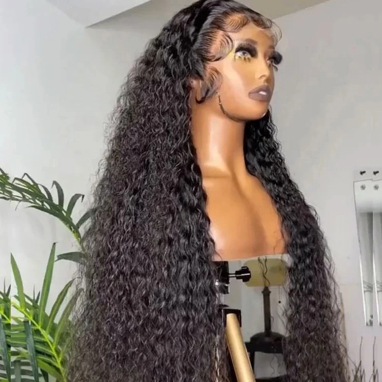 30 Inches Long Raw Indian Hair Wigs Black Curly Hair Wig Transparent Lace Frontal With Adjustable Elastic Band