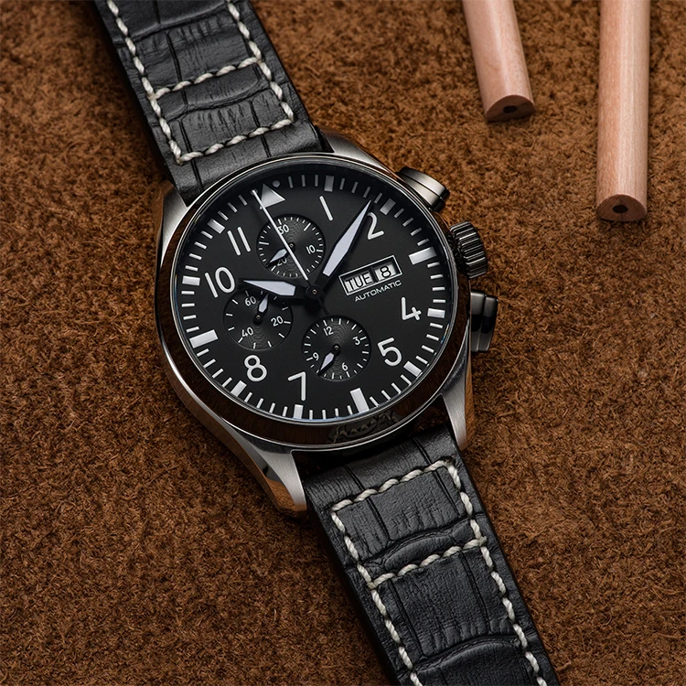 Mexda Chrono Watch Men Automatic Pilot Analogue Watch Orologio Glass Leather Strap Automatic Movement Men Leather Wa