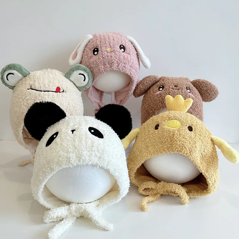 Autumn Winter High Quality Knitted Hat Cute Panda Frog Rabbit Chick Pattern with Warm Ear Flap Custom Label  Kids Beanies