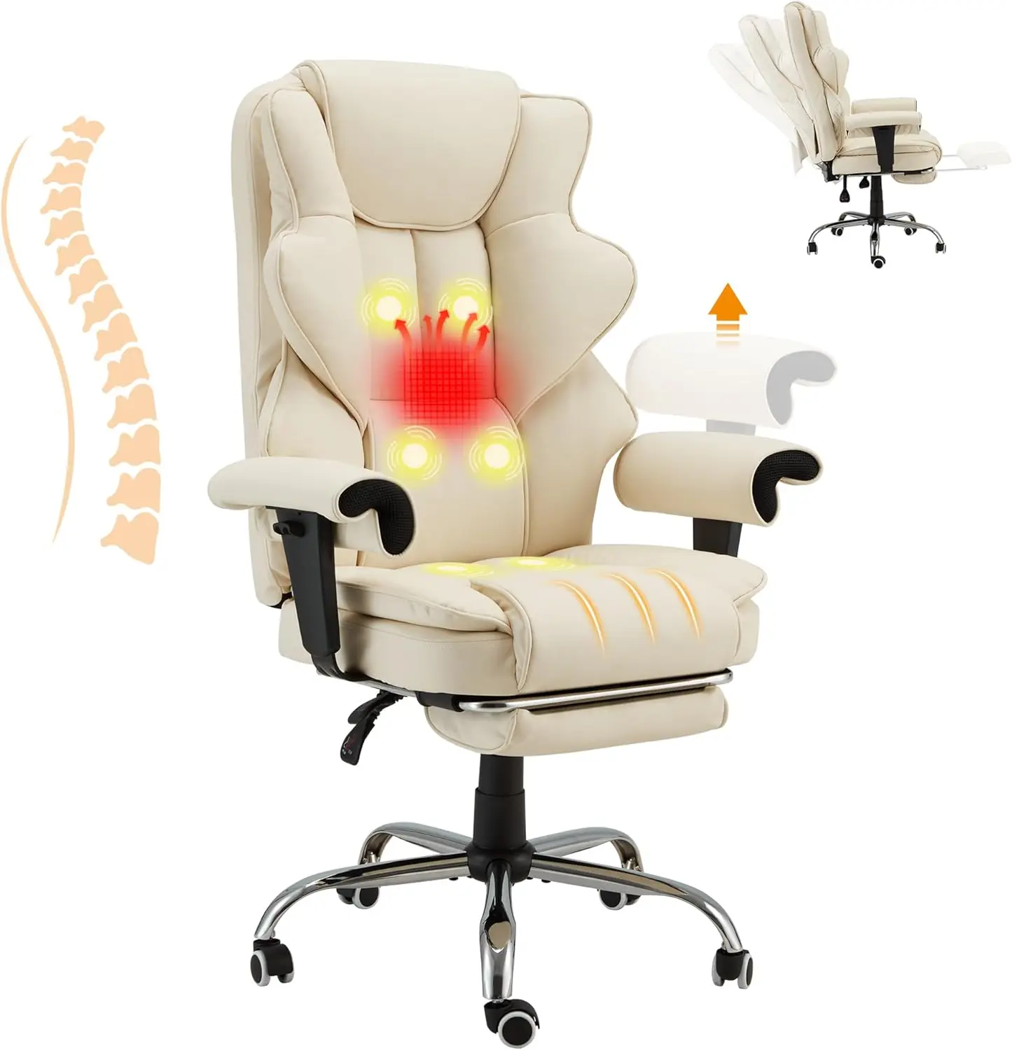 White Heating Executive 6-Point Massage Office Desk Chair Leather Computer Chair with Adjustable Armrest and Footrest