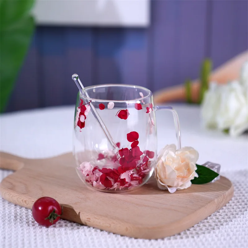 Creative dry flowers double wall glass mug for coffee glass cups as gifts home decoration glassware