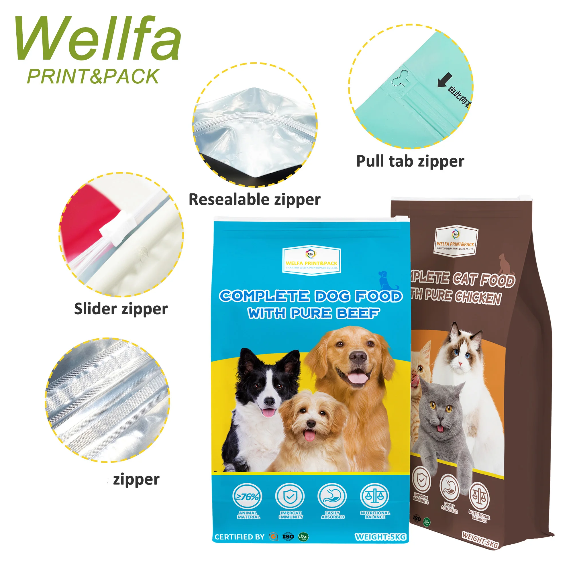 Aluminium Foil Flat Bottom Dog Cat Food 10kg 20 kg 50kg 40lb Bags With Slider Zipper Side Gusset Pet Food Packaging