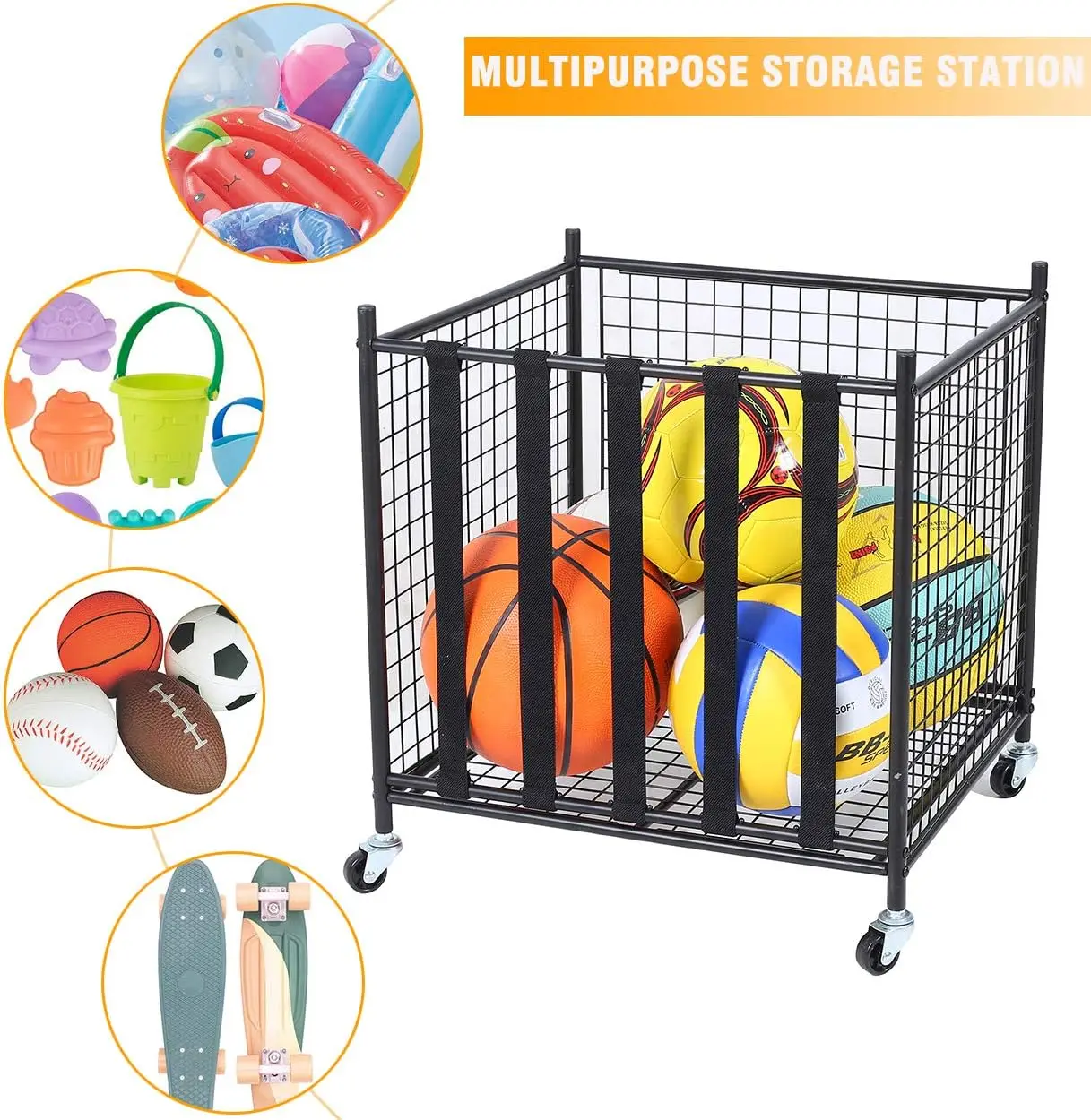 Sports Ball Storage Rolling Cart with Basket and Hooks Lockable Sports Ball Cage Storage Rack for Garages Playgroup Gym Schools