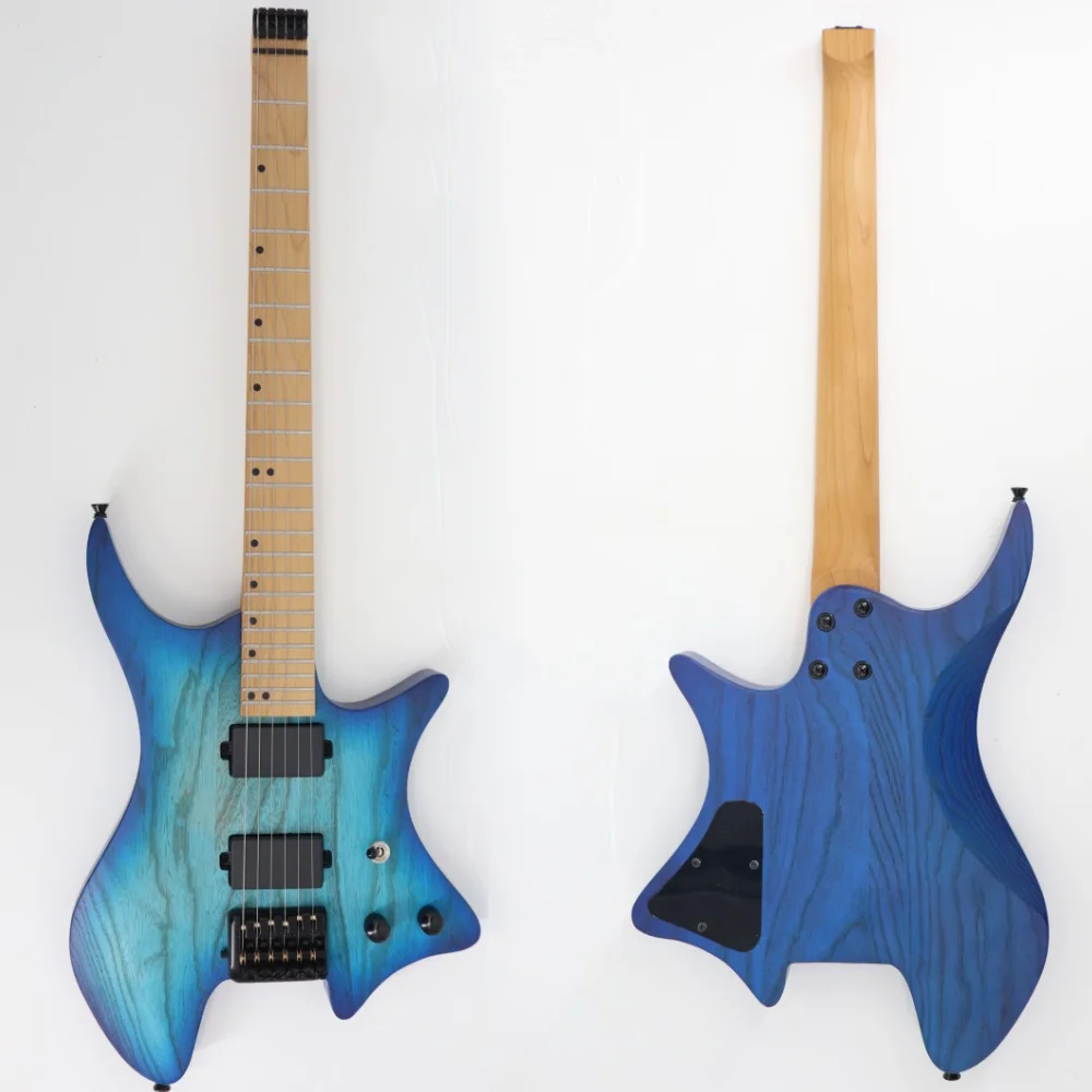 Прямая Продажа с фабрики Высококачественная синяя электрогитара без головы многоцветная имеющаяся в наличии Тигровая полоска шпон музыкальный инструмент