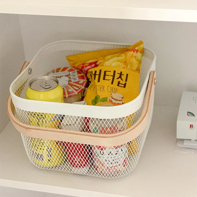 Fruit and vegetable basket drain Kitchen Storage Basket iron basket with wooden handle