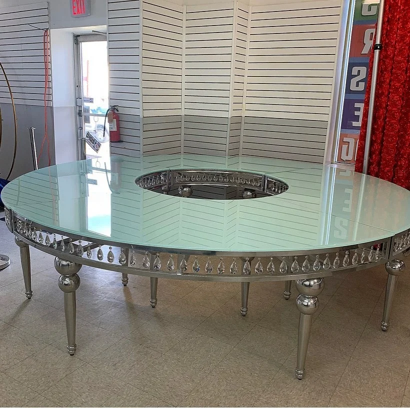 Factory Price Diamond Crush Furniture Glass Mirrored Clear Gold Wedding half moon Serpentine table