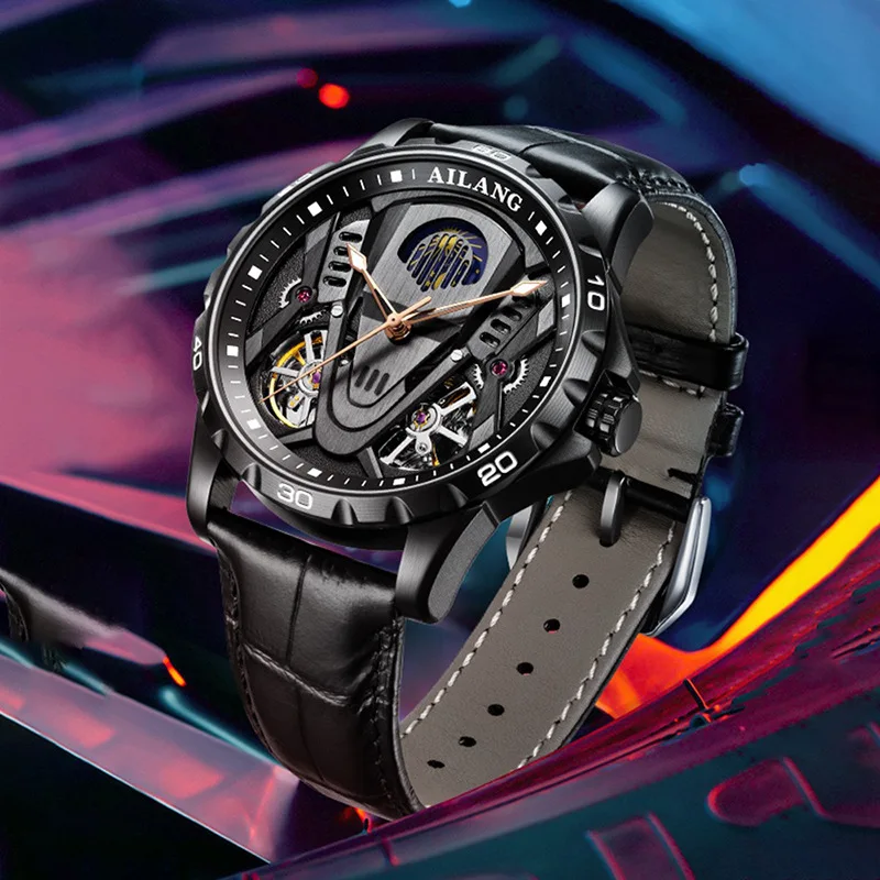 Custom logo Leather Skeleton Tourbillion Automatic Mechanical Watch for Men High Quality Luxury Brand