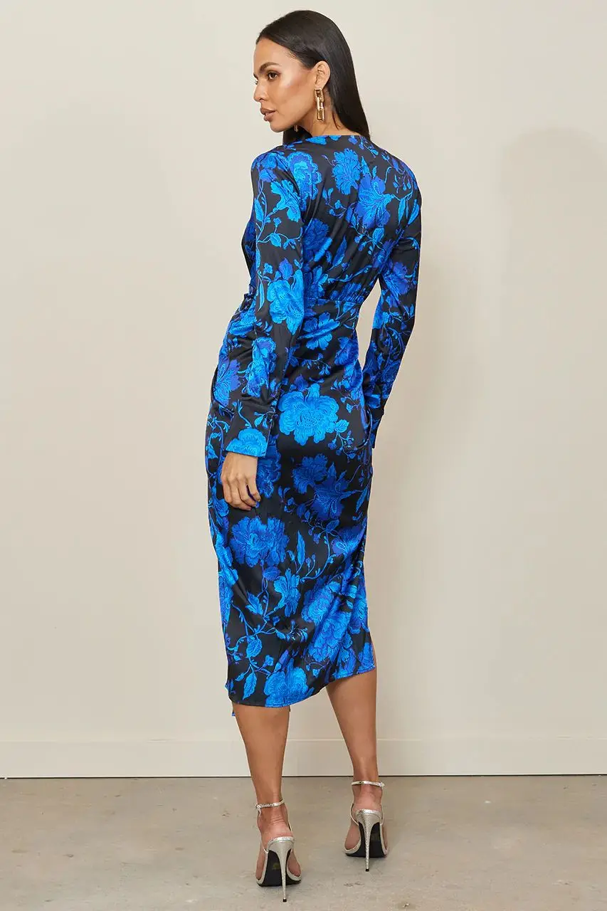 Custom floral print long sleeve deep v neck high split satin midi dress