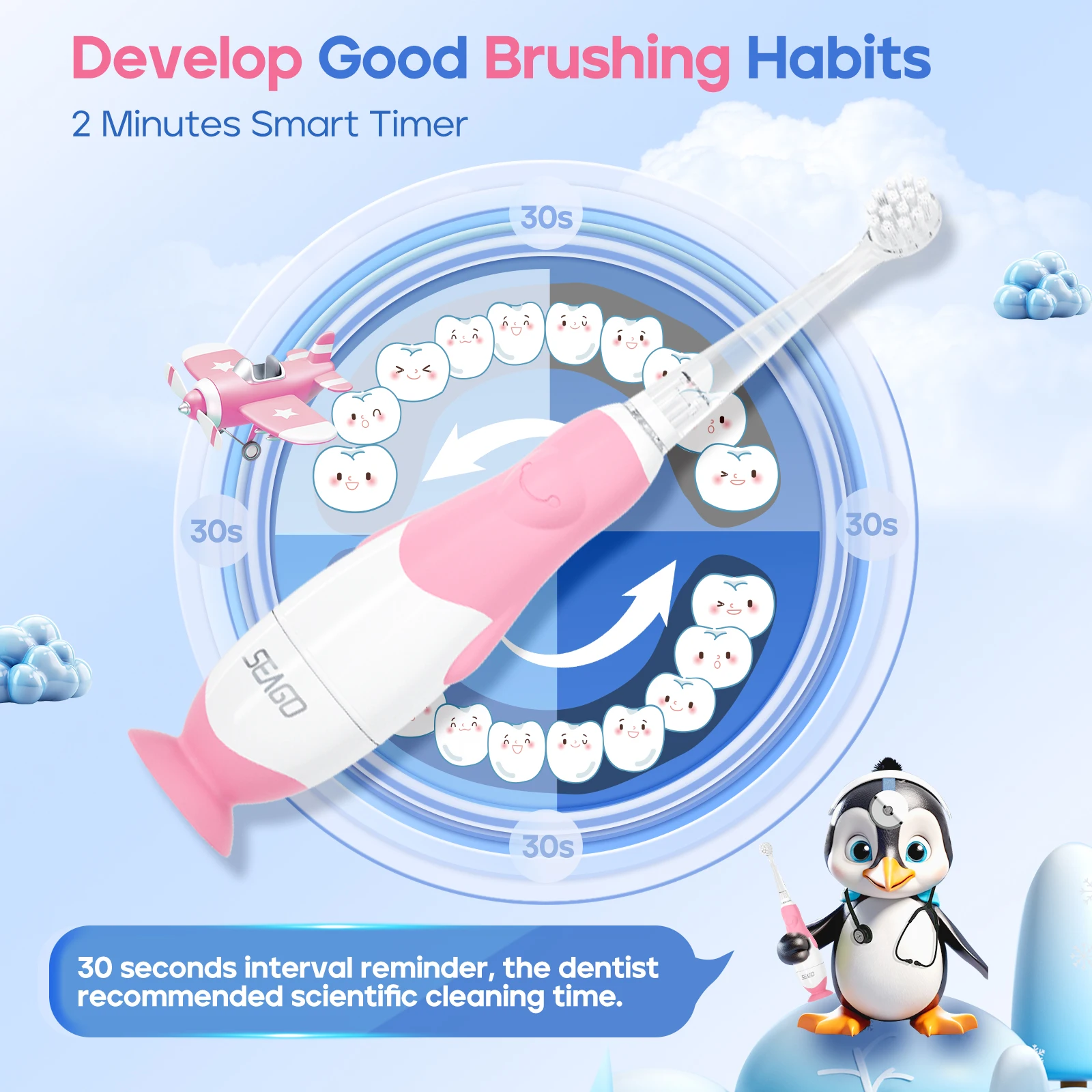 SG513 OEM Sonic Gentle Vibration Safe Tooth Brush LED Light Battery Powered 4 Brush Heads Kids Baby Electric Toothbrush