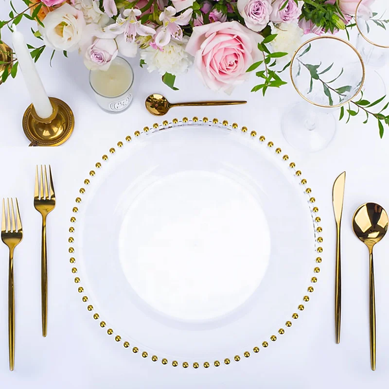 round Cheap clear plastic charger plates glass beaded wedding deco elegant clear beaded rim glass charger plates with gold beads