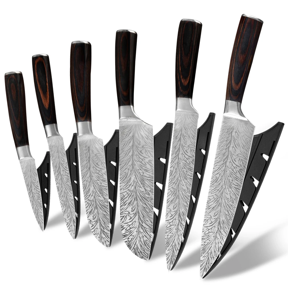Professional Kitchen Knife Laser Damascus Feather Pattern 7Cr17Mov High Carbon Steel 6pcs Knife Set With Pakka Wood Handle