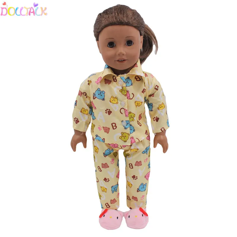 Dolltalk Hot Sale 18- Inch American Doll Accessories Yellow Beautiful  Bear Pattern Soft Pajama Set Doll Clothes