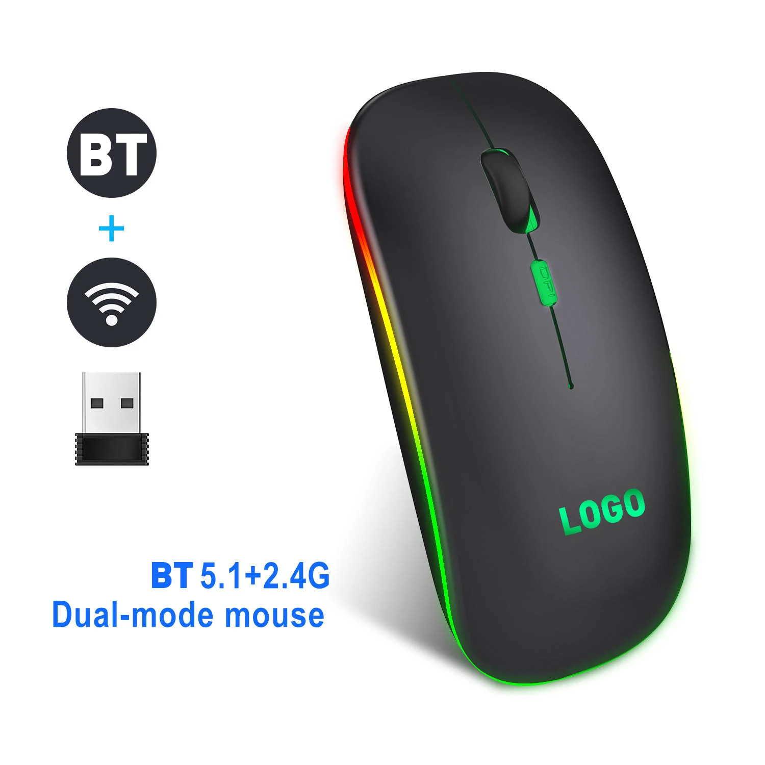 Computer Rechargeable 2.4Ghz Optical Wireless Mouse With Gaming Light Logo Custom