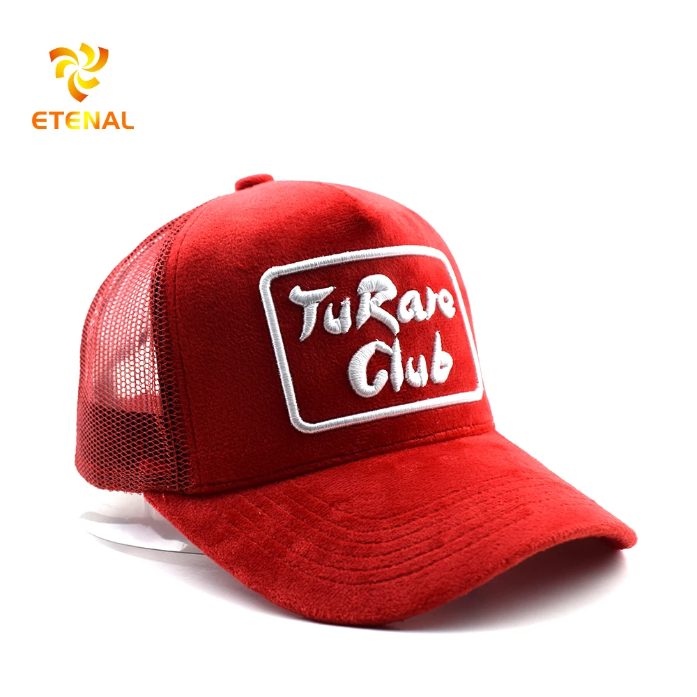 Fashion custom embroidery logo red velvet mesh baseball trucker cap hat with net