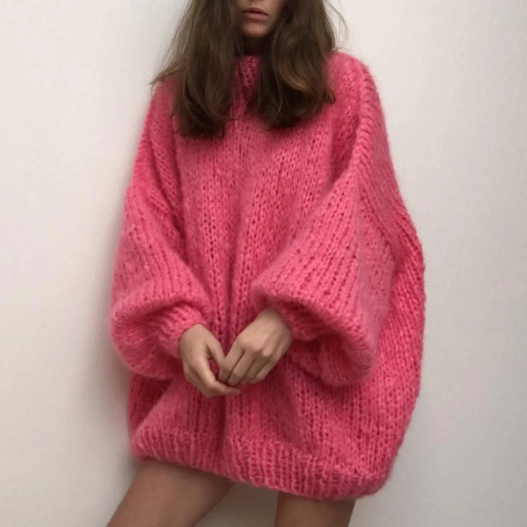 factory ins wind pure hand-knit loose loose mohair jumper long handmade solid color oversize sweater dress