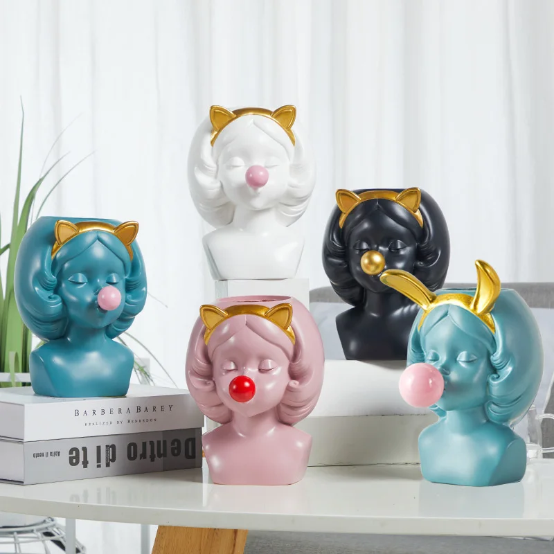 Nordic Style Resin Vase Cute Girl Bubble Gum Figurine Decorative Succulent Plant Flower Pot Modern Home Decor Pen Holder Small