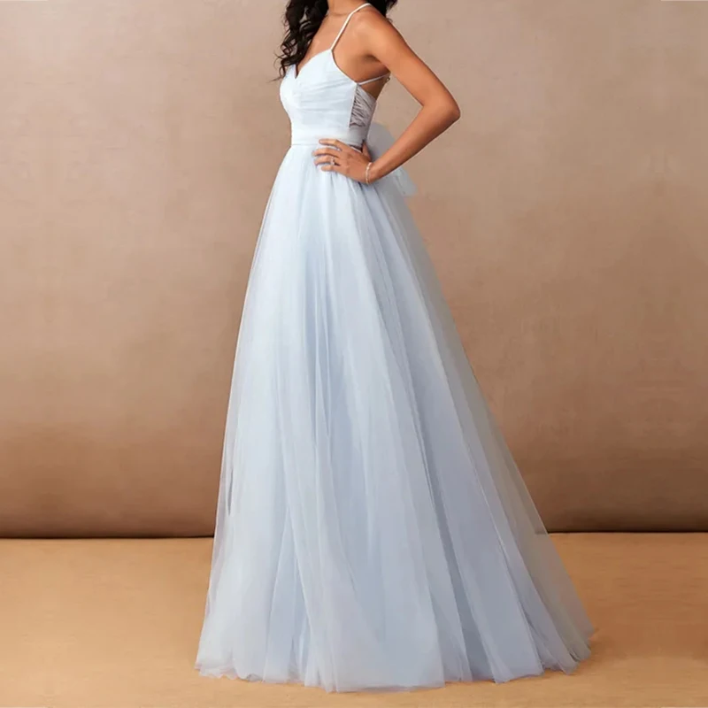 Custom Light Blue Floor Length Sleeveless Lace Elegant Women Party Dresses Long Evening Elegant