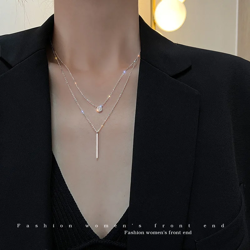 Classic Double Layer Stainless Steel Diamond Necklace Wholesale Women Crystal Tassel Pendant Necklaces