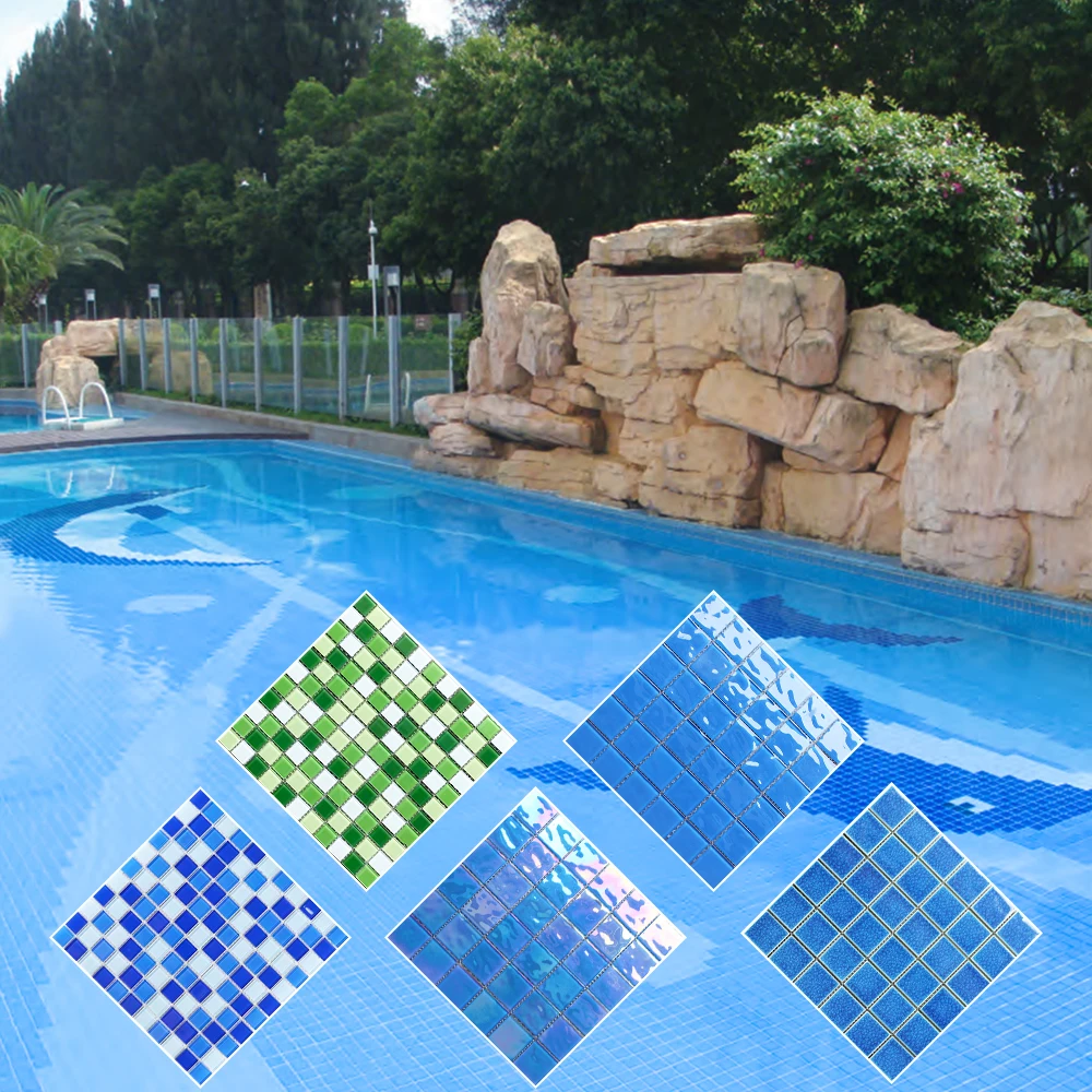 Foshan Factory Price Mosaic 300x300 Blue Glass Mosaic Waterline Blue Price Tile Floor Outdoor Swimming Pools For Hotel Villa