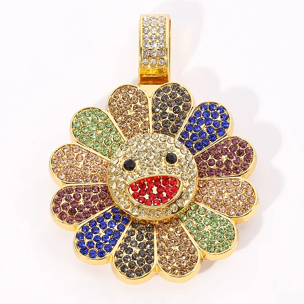 Hip Hop Ice Out Cuban Link Necklace Rotating Colorful Diamonds Sun Flower
