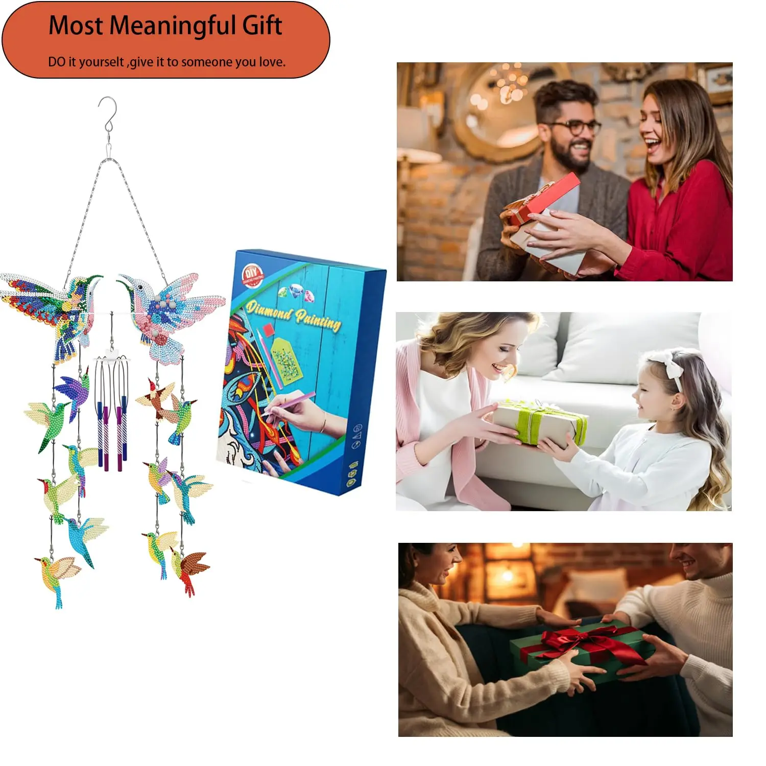 5D Hummingbird DIY Crystal Wind Chimes Set Double-Sided Outdoor Wind Chimes Patio Home Garden Decoration Gift Adults Children