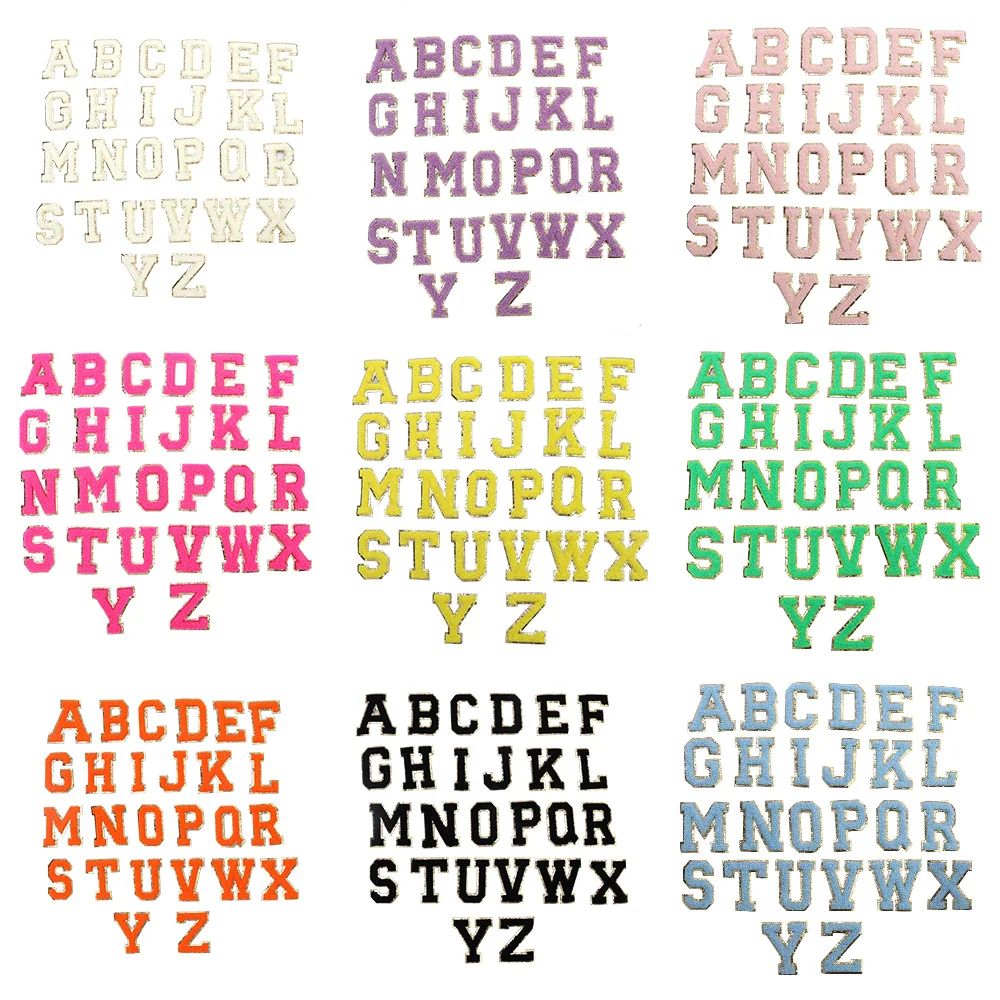 Keymay 5.5/6.2cm 11 Color A-Z Gold Border Glitter Chenille White Letters Patches Self-Adhesive English Alphabet For Cosmetic Bag