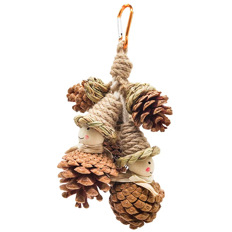 New Design Parrot Chew Toy Natural Straw Rope Pine Cones Wooden Toy More Fun Bird Bite