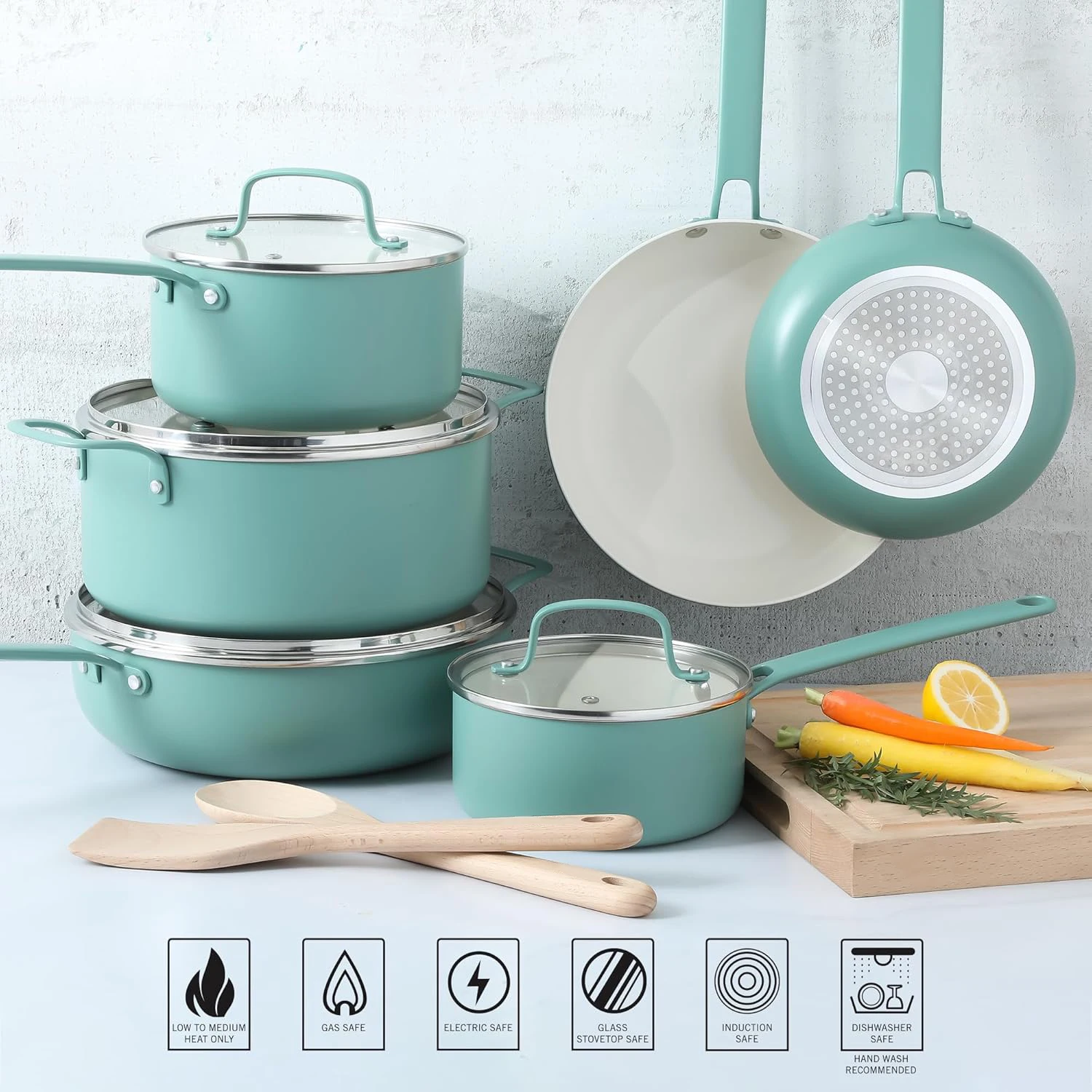 Wholesale Premium Healthy Nonstick PFOA Free Ceramic Interior 12 Pieces 3003 Aluminum ceramic Pots and Pans Cookware Set - Teal