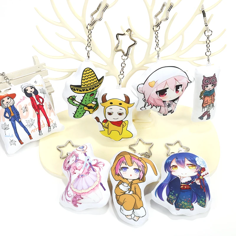 Cartoon anime character customized VOGRACE round shape manjuu hot sale PP cotton ball beads short plush pillow keychain  no MOQ