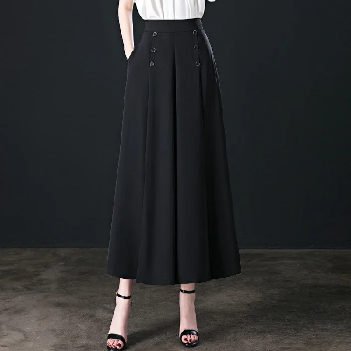Women Vintage High Waist Drape Pants Summer Button Wide Leg Ankle-Length Trousers Office Lady Casual Baggy Pants Plus Size
