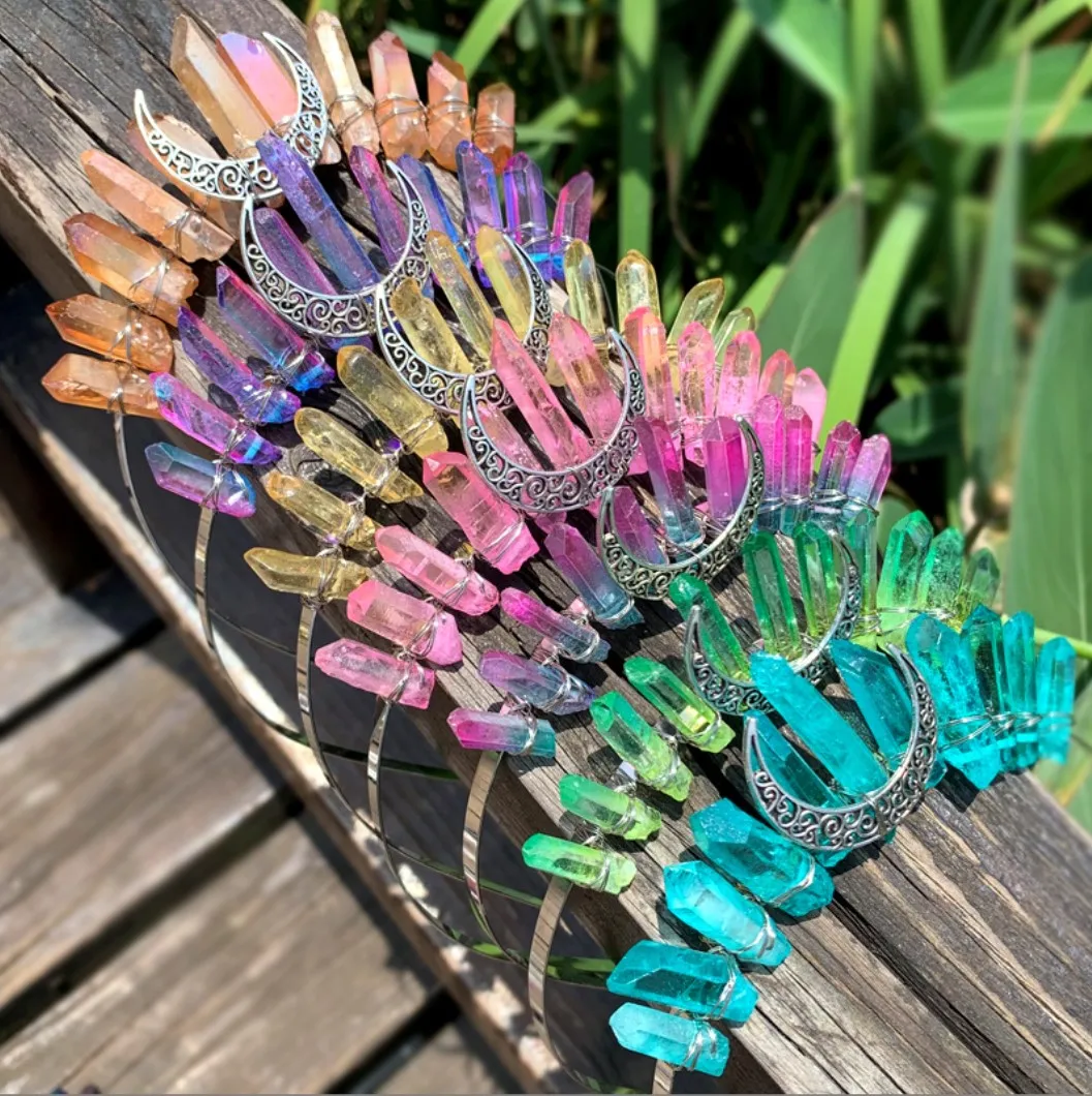 Handmade Natural Crystal Stone Crown Moon Hair Hoop Headband