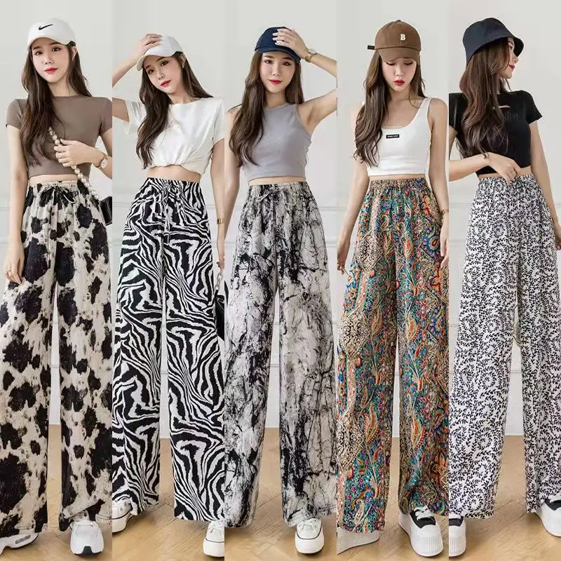 2022 Amazon Hot Selling High Waist Loose Lace-up Ink Painting Casual Pants Tie-dye Ice Silk Printed Harem Wide Leg Pants Women