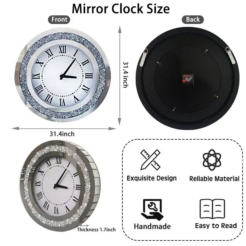 Silver Round Mirror Clock Crystal Crush Diamond Mirrored Sparkle Twinkle Bling Diamond Decor Large Wall Clock for Decoration