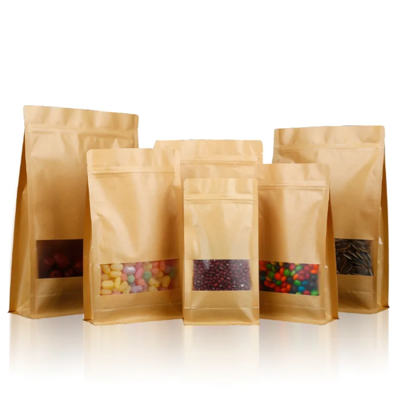 Moq 50pc Brown Kraft Paper Pouch Packaging Flat Bottom Ziplock Bags With Matte Window For Dry Fruit/Beef Jerk Spice Packaging