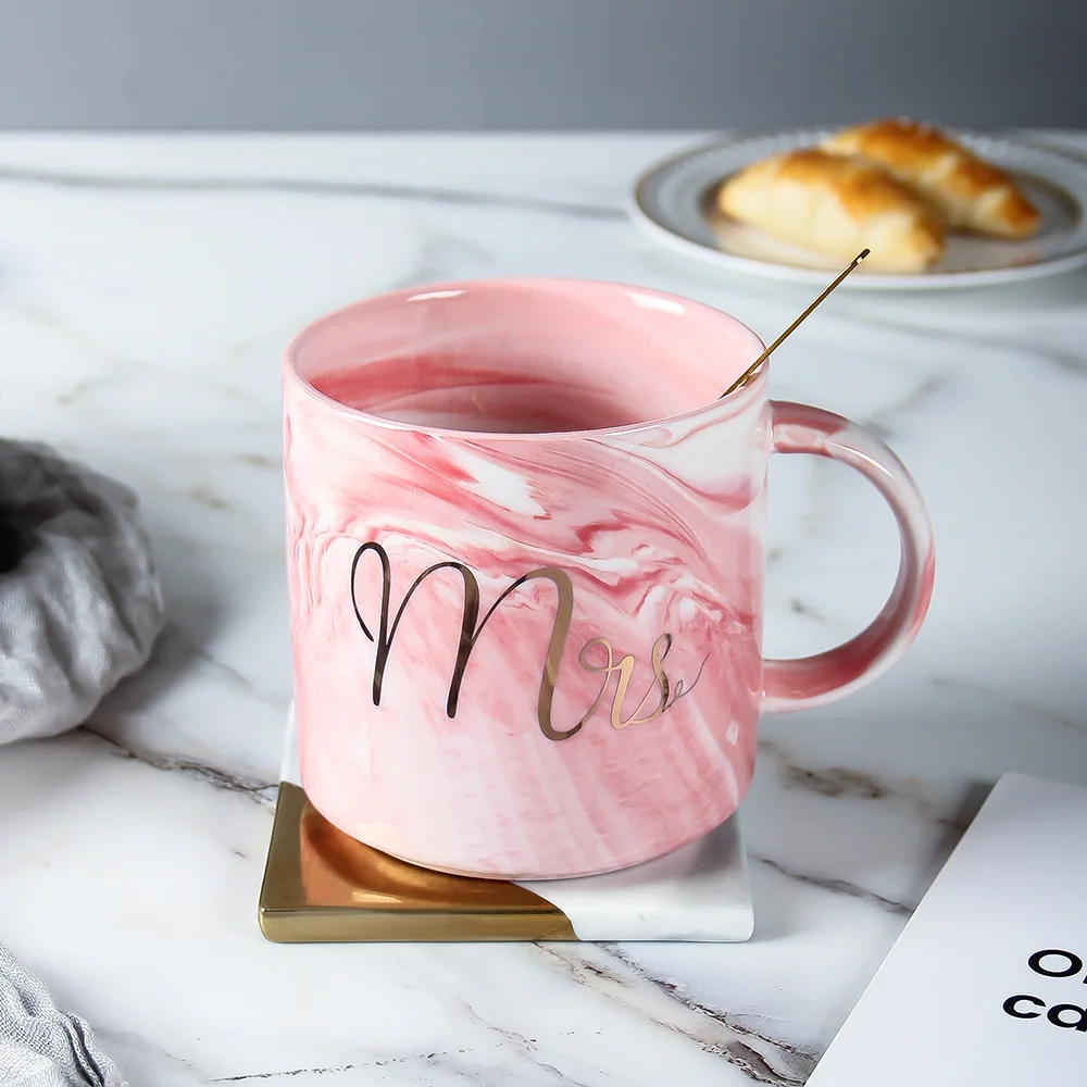 Large Nordic INS Marble Ceramic Mug with Vintage Spoon Customizable Magic Wedding Advertising-Wholesale Promotional Bottle cup