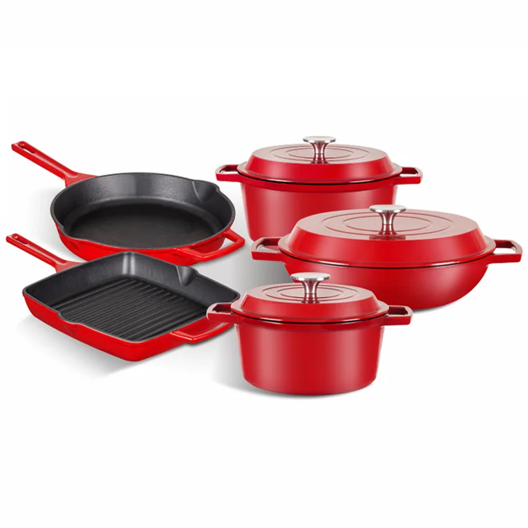 8pcs Pots And Pans Wholesale Kitchen Cookware Set Non-stick Fry Pan Casserole Cast Iron Pot Red Enamel Cast Iron Cookware Set