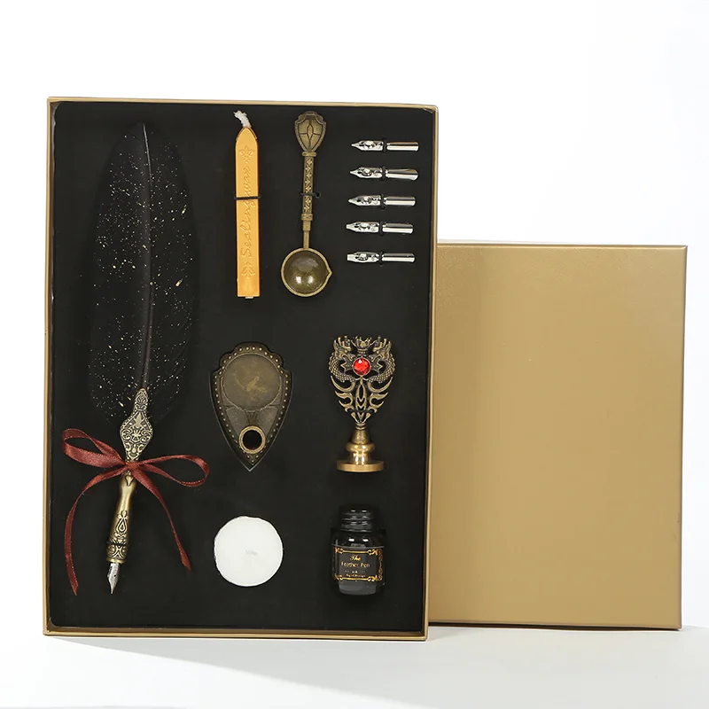 Low price advanced classical fountain set turkey feather quill pen for signature