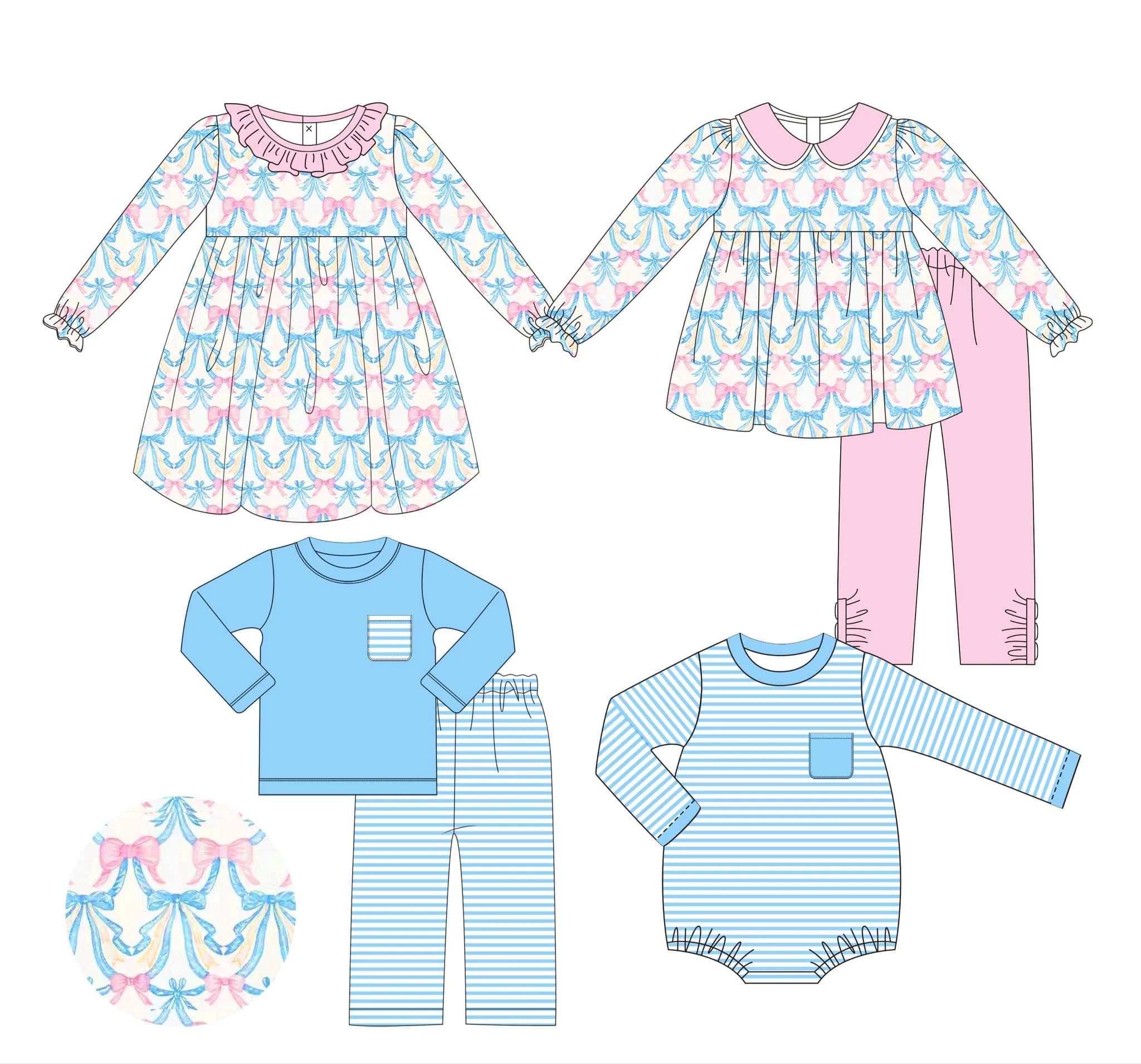 Wholesale boutique Toddler girls boys pink blue bows outfits Baby kids long Sleeves winter Clothing Children cute matching sets