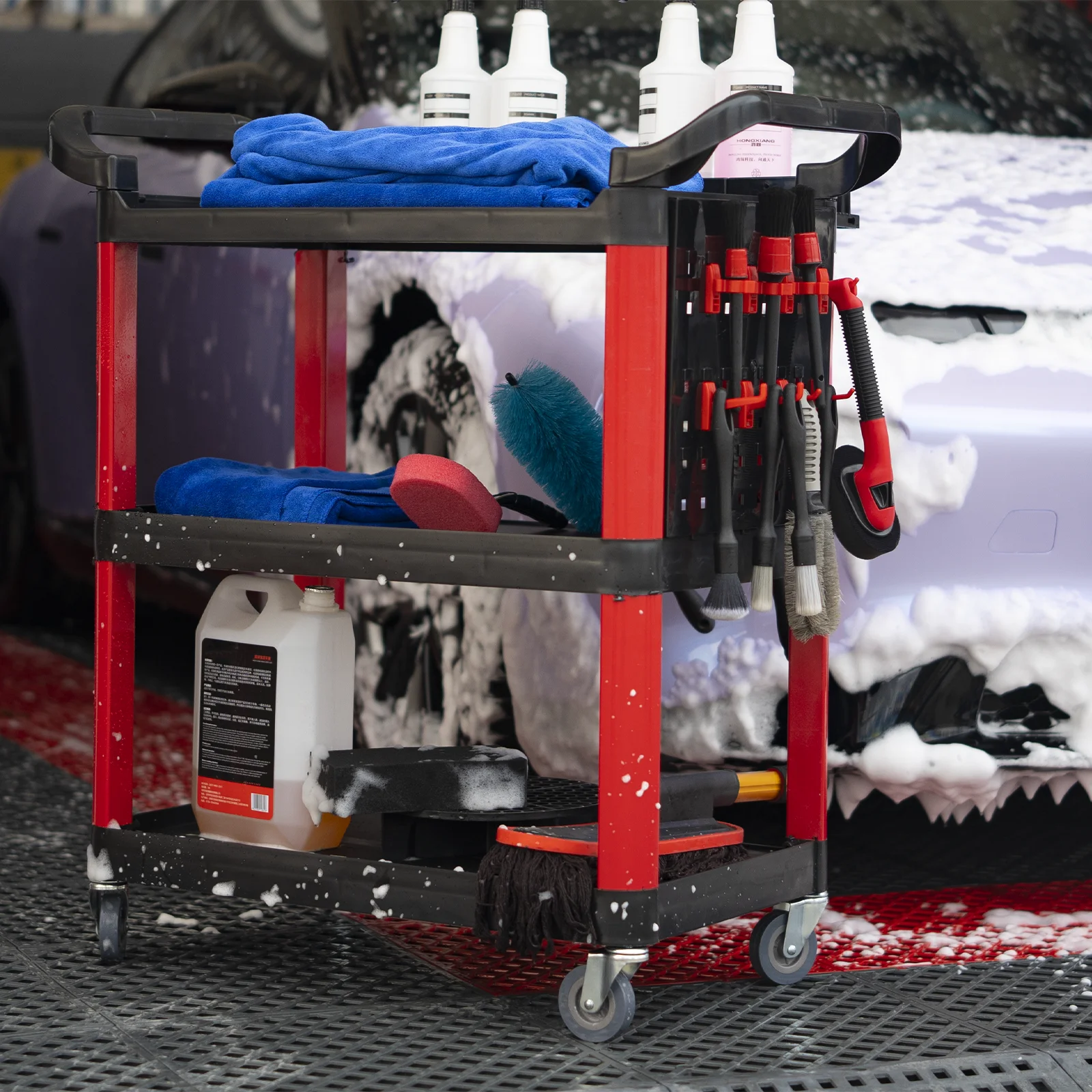 High-Capacity Multi-Purpose Plastic Utility Cart for Professional Cleaning and Storage - Ideal for Hotels and Car Care Shops