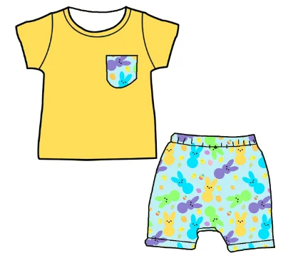 cute yellow rabbit print girls dress shorts summer kids bamboo clothing sets