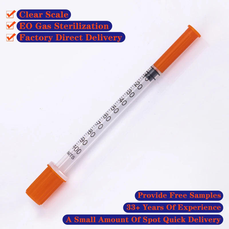 Medical supply sterile Disposable plastic blister Safety Free Sample 1ml Colored Orange Insulin Syringe U100 U50 With Needle CE