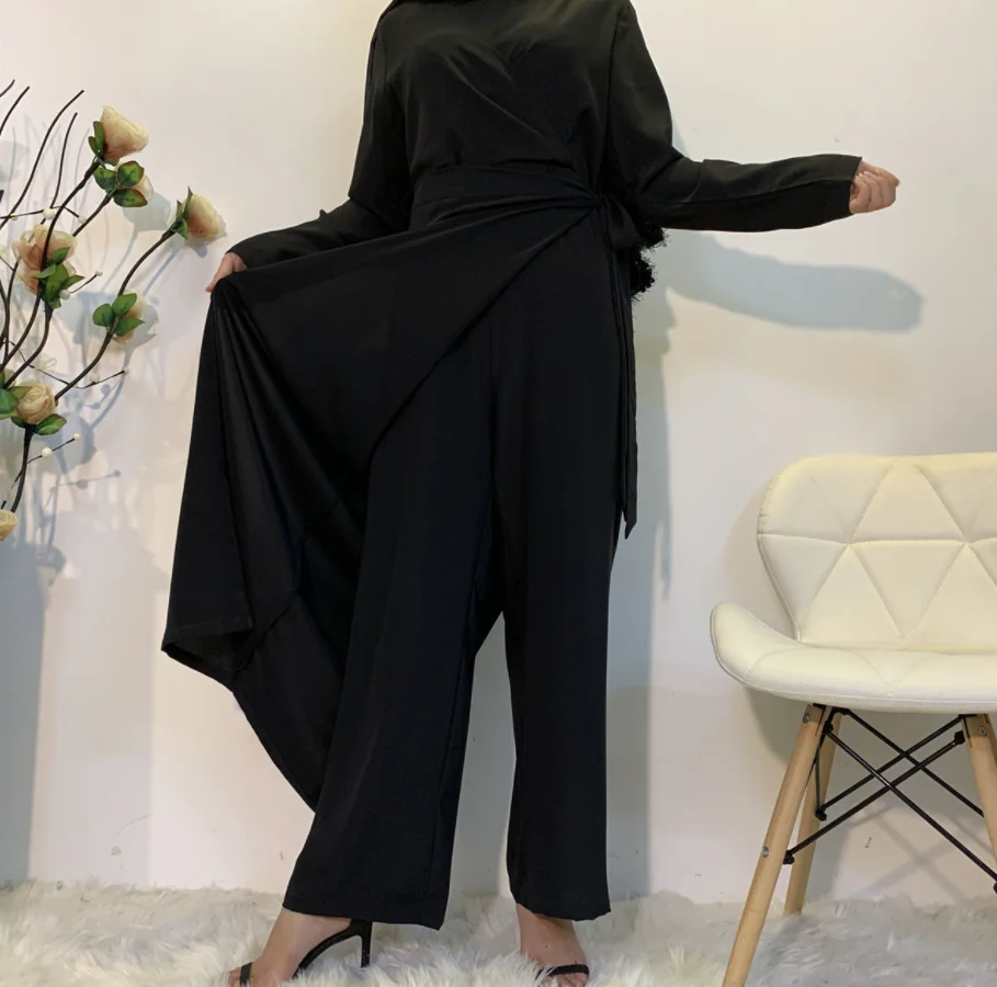 Wholesale Solid Color V-Neck Stitching One Piece Wide Leg Pants Modest Muslim Islamic Suit Jumpsuit Clothing for Women