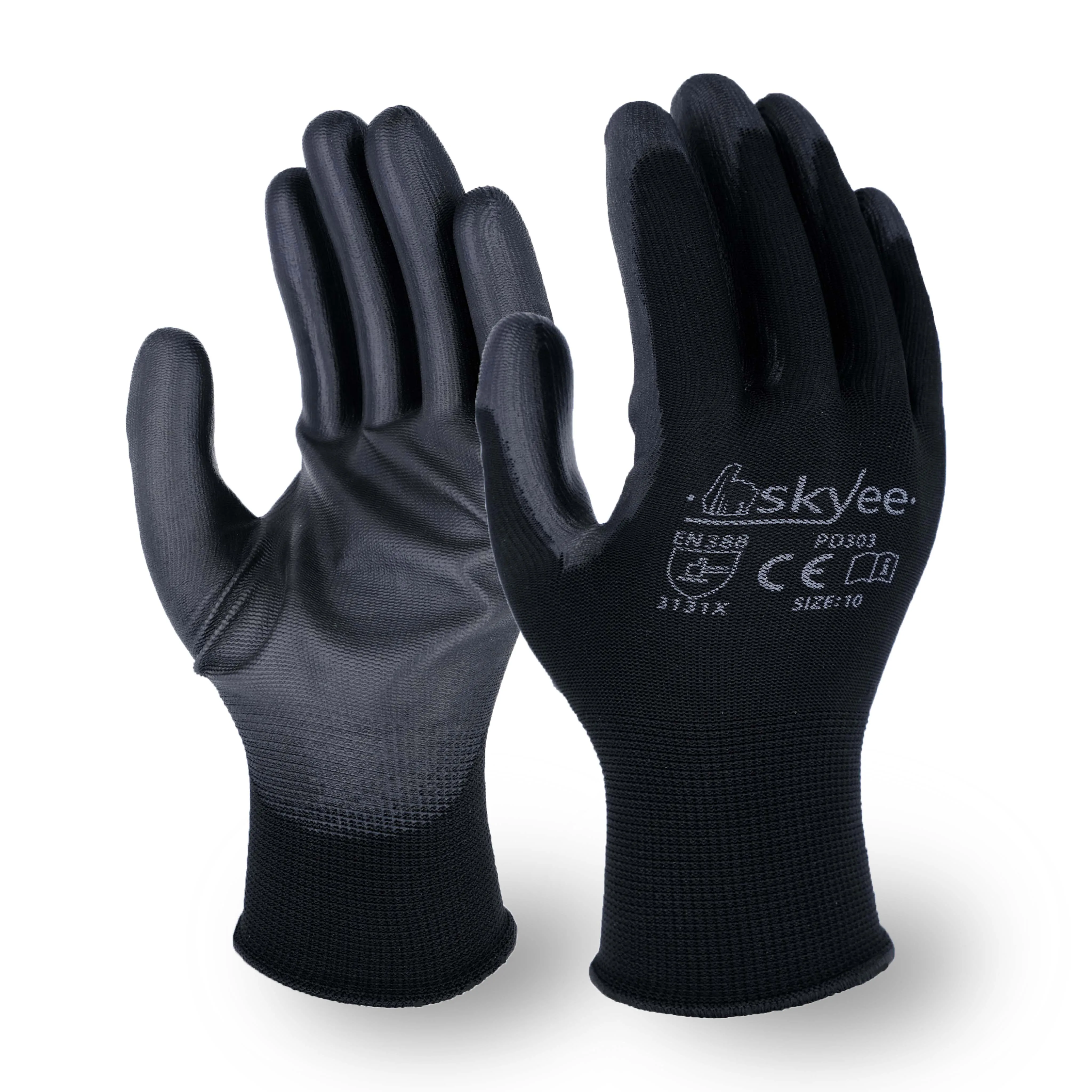 SKYEE Black PU Nylon Polyester Safety Work General Purpose Anti Cut Resistant Industrial Garden Gloves for Construction Workers