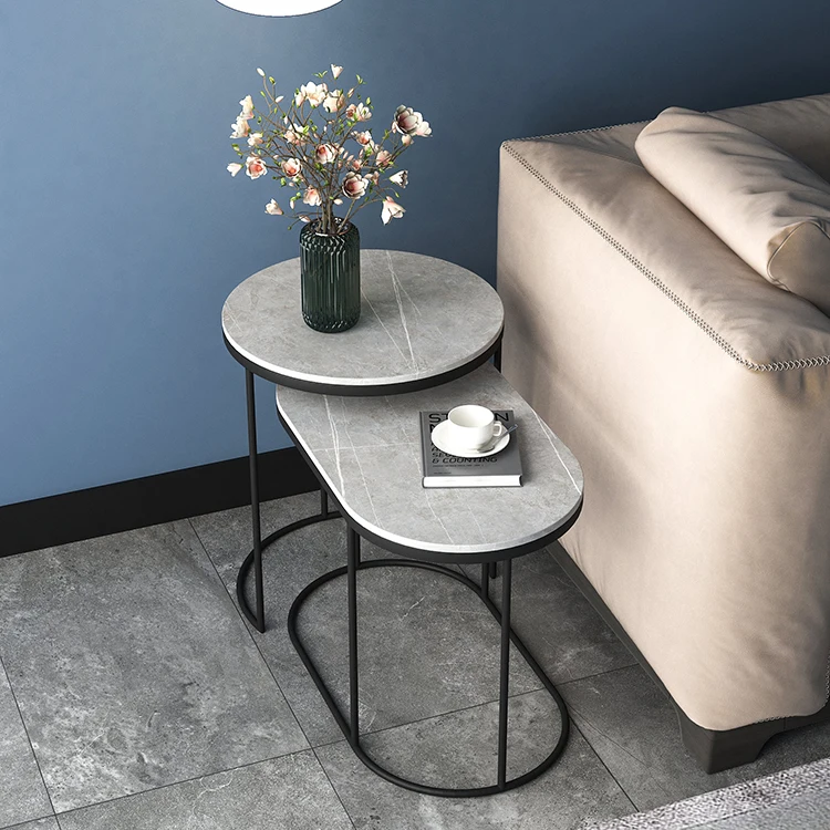 Hot Selling Living Room Modern Furniture Side Table Set Coffee Table With Stone Plate Stool