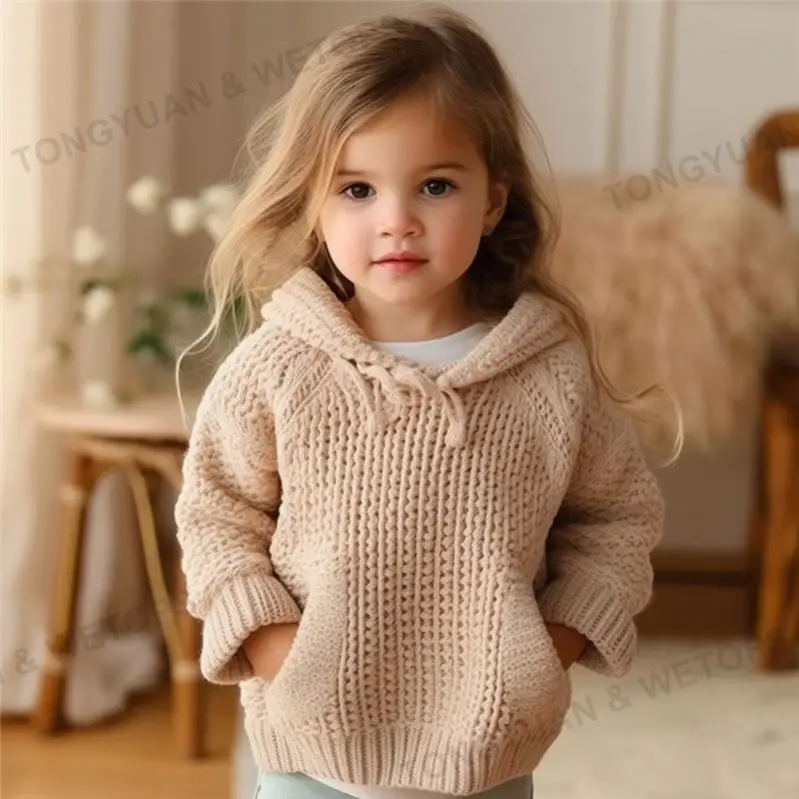New Style Solid Color Toddler Girls Double Pocket Textured Knit Hooded Sweater