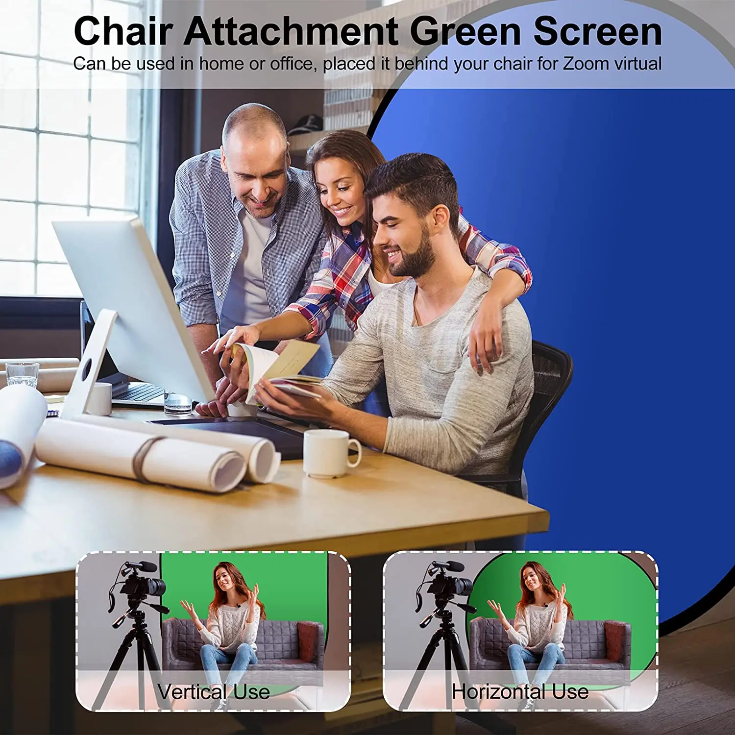 Portable Green Blue Grey Screen Backdrop 5 x 6.5ft Collapsible Pop Up Chromakey Background for Chair Zoom Virtual Camera Travel