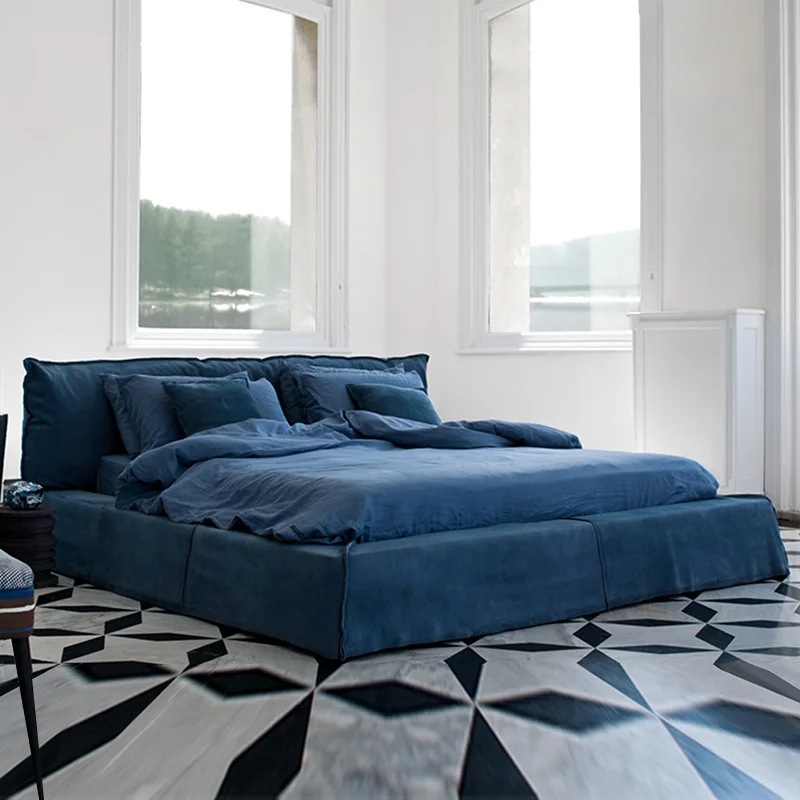 High grade velvet fabric double bed frame minimalist master bedroom frosted fabric double King size popular wedding king bed