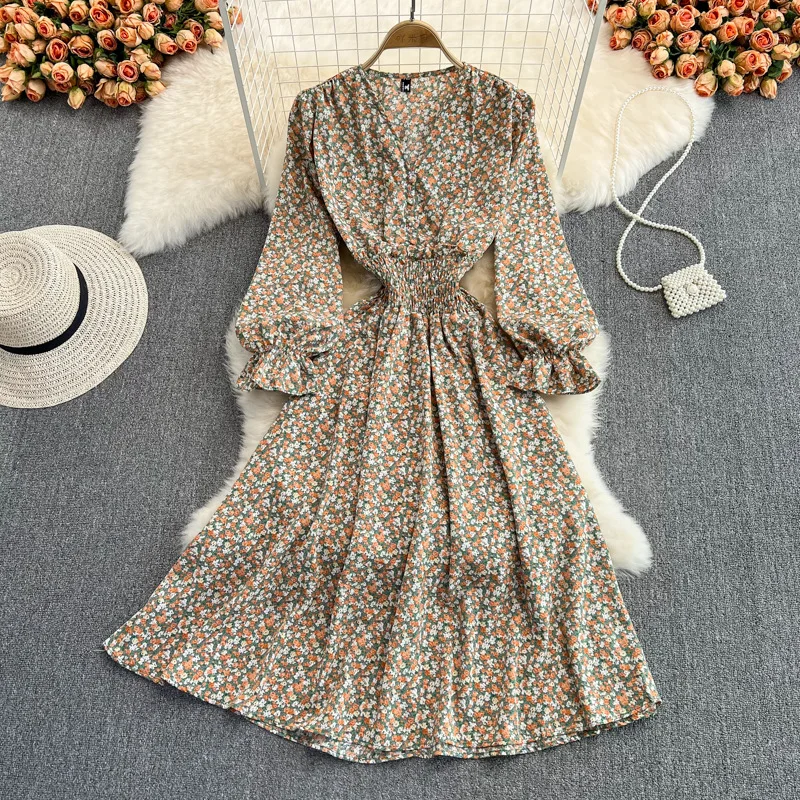 R30442S 2022 Small floral long skirt spring and summer fashion new style gentle wind waist slimming V-neck chiffon dress women
